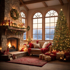 Fototapeta premium Cozy Christmas living room with decorated tree and glowing fireplace