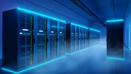 Modern Data Server Room with Blue Lights