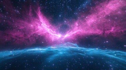 Fototapeta premium A shimmering aurora of glowing magenta energy rippling through an endless canvas of ice-blue nebulae speckled with soft