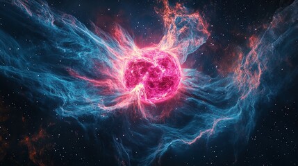 A striking display of a pulsating pink star enveloped by cascading turquoise ribbons of gas