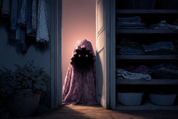 Eerie Cloaked Figure with Glowing Eyes Emerges from Dark Closet, Mystery, Horror, Suspense, Supernatural