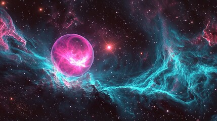 Obraz premium A striking display of a pulsating pink star enveloped by cascading turquoise ribbons of gas