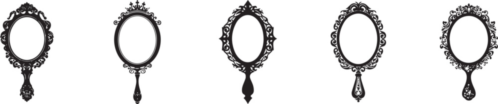 Set of elegant vintage hand mirrors with ornate decorative frames in black silhouette style on white background, perfect for antique illustration, fashion design, beauty salon, and retro decor concept