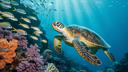 Obraz premium Sea Turtle Swimming Gracefully in Coral Reef Ecosystem with Fish