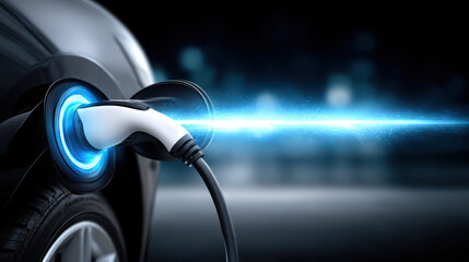 Close up realistic photograph of electric vehicle charging, showcasing charging port and cable with glowing effect, symbolizing energy