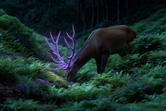 Majestic deer with glowing antlers in mystical forest, fantasy creature concept art - Powered by Adobe