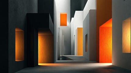 Abstract geometric passage with orange and grey architecture