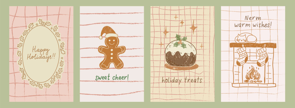 Vintage Christmas banner set in pencil chalk drawing style. Cozy festive posters with fireplace and gingerbread man. Retro New Year vector design for greeting cards and party invitations.