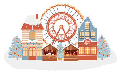 Winter amusement park, Christmas market, winter town, Christmas street. Christmas fair, Ferris wheel, Christmas tree, winter houses. Hand-drawn flat illustration. Composition with a winter scene