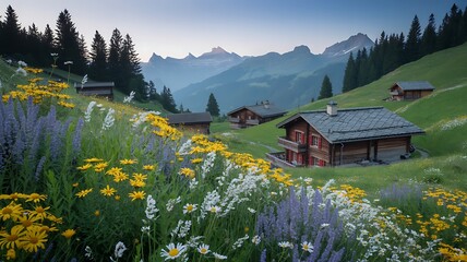 Idyllic alpine landscape with wooden chalets and blooming wildflowers