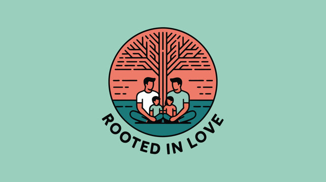 A stylized emblem featuring two fathers and two children beneath a tree within a circular frame