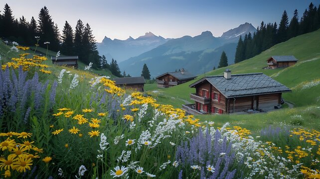 Idyllic alpine landscape with wooden chalets and blooming wildflowers - Powered by Adobe