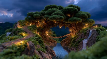 Enchanted forest pathway and bridge under a twilight sky, illuminated by fairy lights