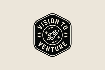 Obraz premium A black and white logo badge with a rocket ship and the words vision to venture in a hexagon shape