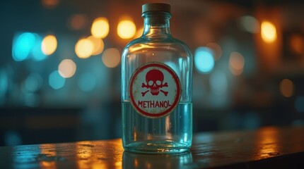 Clear glass bottle of Methanol with a skull and crossbones symbol, indicating its toxic nature. The bokeh effect from the lights adds a sense of depth, drawing attention to the methanol bottle. 