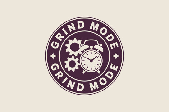 A purple and white emblem featuring gears, an alarm clock, and the words grind mode in a circle