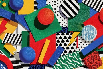 Geometric Abstract Composition with Diverse Shapes and Vibrant Colors in Textured Surface