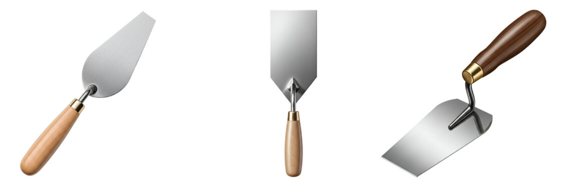 Collection of construction trowels with wooden handles for plastering and bricklaying projects  tools on transparent background