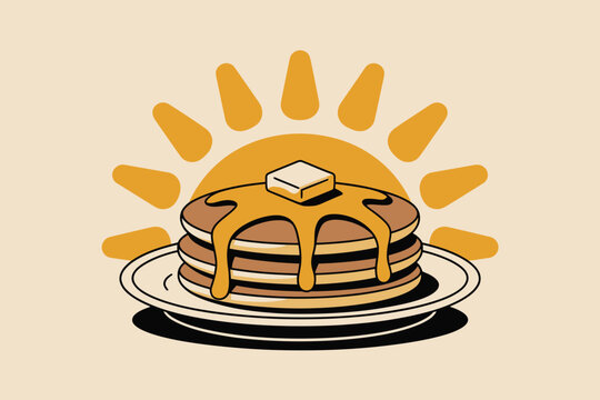 A stack of pancakes with butter and syrup on a plate, with a sunburst in the background illustration