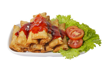 Crispy Fried Spring Rolls with Sweet Chili Sauce and Fresh Vegetables