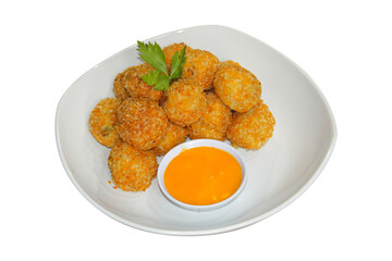 Crispy Fried Cheese Balls with Spicy Cheese Sauce on White Plate