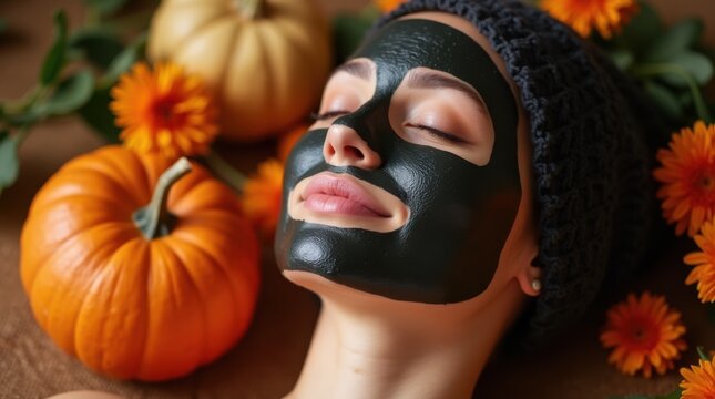 woman with halloween face mask pumpkins and flowers in background eyes closed peaceful spa treatment 
 - Powered by Adobe
