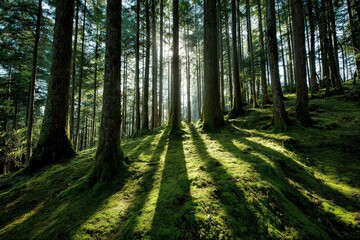 Fototapeta premium Sunlight Through Tall Trees Casting Shadows in Dense Green Forest