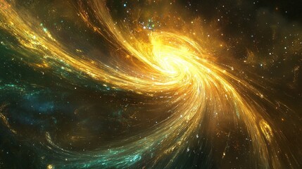 Obraz premium A vibrant cosmic cascade of golden and aquamarine light emanating from a radiant pulsar