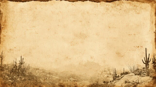 Old Parchment Paper with Desert Scene Border and Cacti Silhouettes at Bottom Edges on Rustic Background for Western Theme Layouts