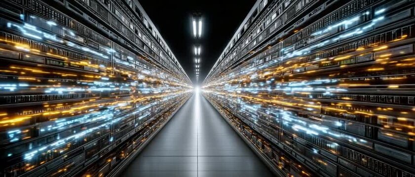 Digital Network Highway: An abstract digital rendering illustrates a futuristic tunnel of interconnected servers, embodying the complexity and vastness of data transfer. 