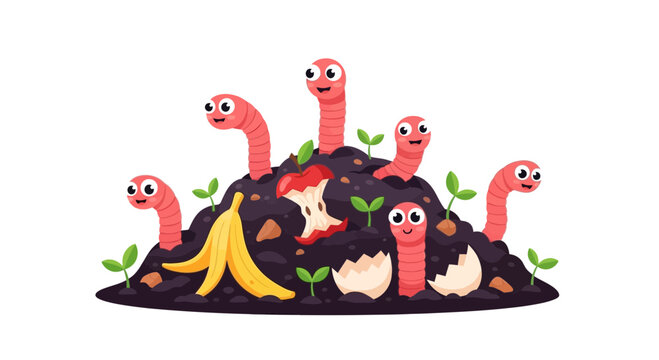 Illustration of happy worms emerging from a compost pile with food scraps like banana peel, apple core, and eggshells.