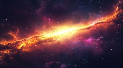 A vibrant ribbon of radiant silver and magenta light spiraling through thick amber nebula clouds
