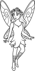 Fairy with Floral Crown and Elegant Wings Line Art
