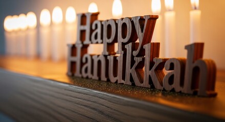 Hanukkah celebration background. Perfect for greeting cards, invitations, ads. Features glowing candles and wooden 'Happy Hanukkah' sign. Festive Jewish holiday design.