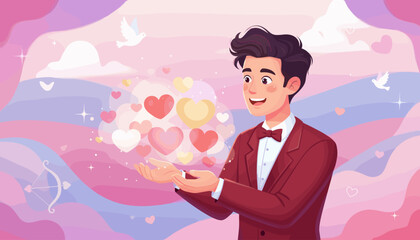 Charming young man in a maroon suit and bowtie, holding a cloud of glowing, colorful heart-shaped bokeh lights and sparkles, with doves and a cupid's bow in the background, symbolizing love and