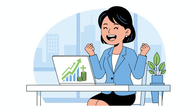 Joyful Asian businesswoman celebrating financial success with a laptop displaying a rising stock market graph and stacks of coins, symbolizing growth and achievement in a modern office setting with