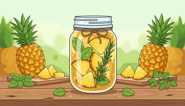 Refreshing and vibrant pineapple detox water infused with fresh mint and rosemary, presented in a mason jar surrounded by whole pineapples and sliced fruit on a rustic wooden table, evoking a healthy