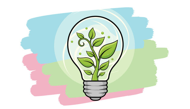 Vibrant illustration of a clear glass light bulb containing a flourishing green plant with fresh leaves, symbolizing eco-friendly energy, sustainability, and natural growth, set against a soft pastel