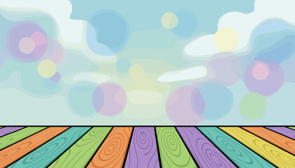 Vibrant and cheerful cartoon background featuring a colorful wooden floor with planks in shades of orange, green, purple, and teal, set against a soft pastel sky with blurred bokeh circles and fluffy