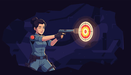 Dynamic illustration of a determined woman in tactical gear, aiming a handgun with precision at a glowing target in a dimly lit, abstract environment, conveying focus and skill in a shooting range