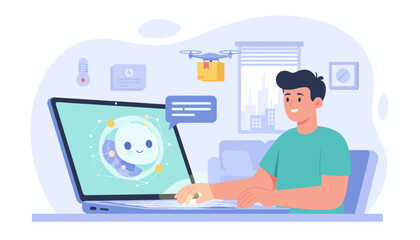 Modern AI assistant technology in daily life, showcasing a smiling user interacting with a laptop displaying a cute chatbot interface, with a drone delivering a package in the background, symbolizing
