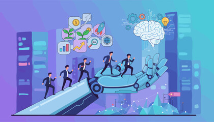 Conceptual illustration of artificial intelligence assisting business growth and innovation, with businessmen climbing a robotic arm towards a brain icon and upward trending charts, symbolizing