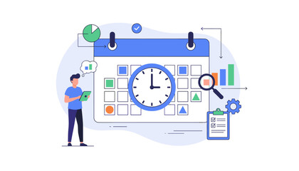 Modern flat illustration of a business meeting agenda with a calendar, clock, charts, magnifying glass, checklist, and a person using a tablet, representing planning, time management, and