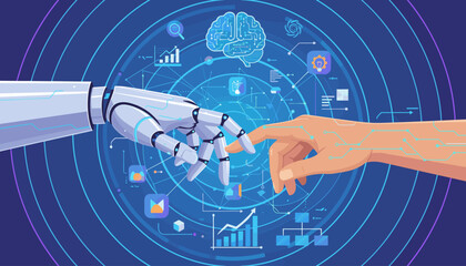 Futuristic digital art depicting a robot's hand and a human hand reaching out to touch, symbolizing the integration of artificial intelligence and humanity, set against a backdrop of glowing circuits