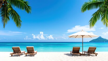 Obraz premium Relaxing beach day tropical paradise scenic photography calm waters panoramic view vacation concept