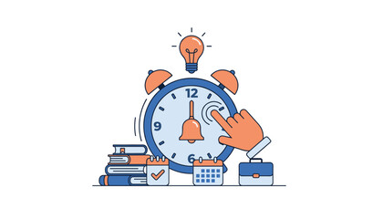 Conceptual illustration of time management and productivity, featuring a ringing alarm clock with a glowing lightbulb above, symbolizing ideas and innovation, alongside a stack of books, a calendar
