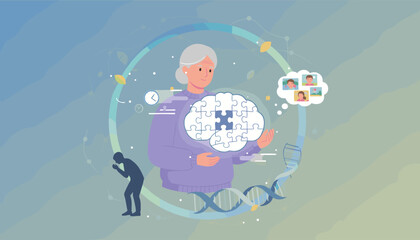 Alzheimer's disease concept illustration: An elderly woman holds a jigsaw puzzle brain, symbolizing memory loss and cognitive decline, with a DNA helix and a silhouette of a distressed person
