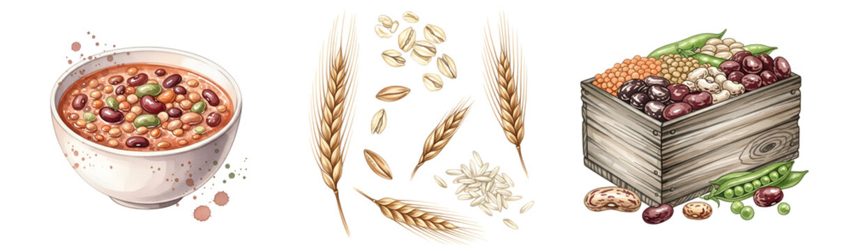 Delicious bean soup recipe ingredients and wheat grains in rustic style food photography art design on transparent background