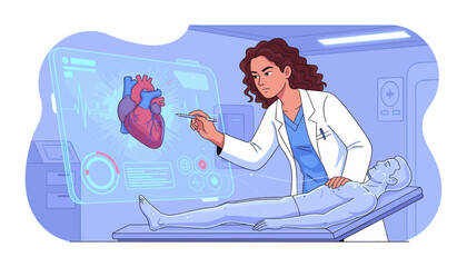 A focused female cardiologist in a white lab coat examines a holographic projection of a human heart, displaying vital signs and EKG readings, while a patient lies on a futuristic medical bed