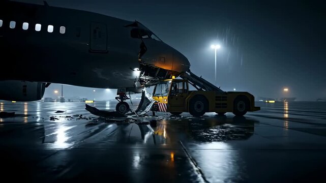 Airplane incident at night with damage to the nose cone and ground towing tug, debris on wet tarmac, aviation accident footage.